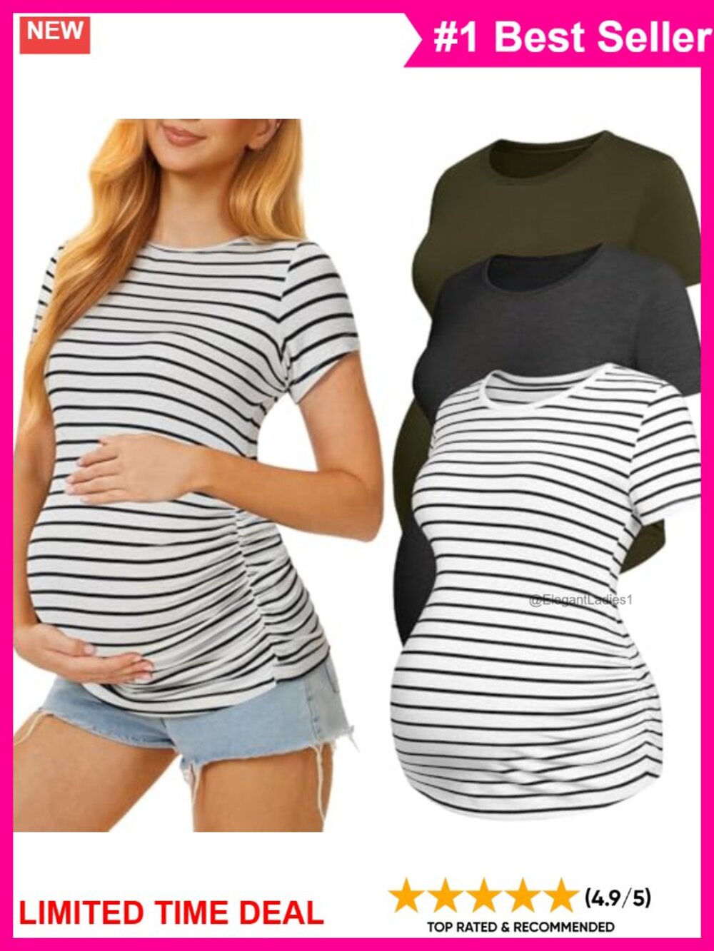3 Pack Maternity Shirts Crew Neck Short Sleeve Rayon Spandex Side Ruched Tops